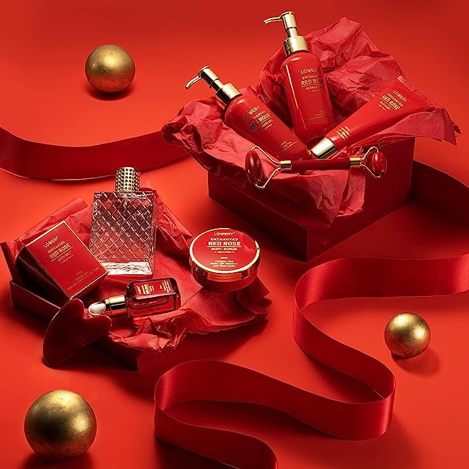 Anniversary Gifts for Women, Spa Gifts Bath and Body Gift Set, Red Rose Gift Basket Relaxation, Pampering, Thank You, Birthday Gifts for Mom Her with Perfume, Jade Roller, Quartz Gua Sha Stone & More