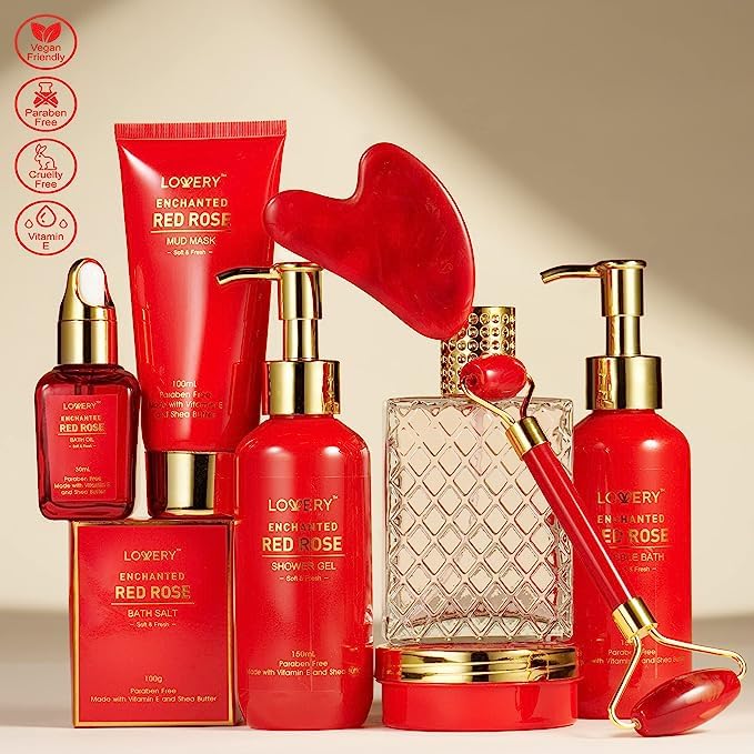 Anniversary Gifts for Women, Spa Gifts Bath and Body Gift Set, Red Rose Gift Basket Relaxation, Pampering, Thank You, Birthday Gifts for Mom Her with Perfume, Jade Roller, Quartz Gua Sha Stone & More