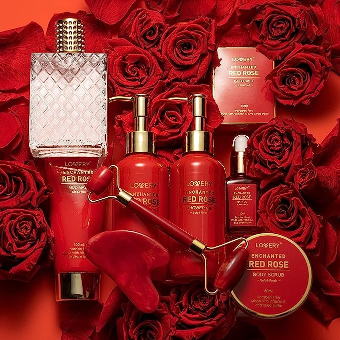 Anniversary Gifts for Women, Spa Gifts Bath and Body Gift Set, Red Rose Gift Basket Relaxation, Pampering, Thank You, Birthday Gifts for Mom Her with Perfume, Jade Roller, Quartz Gua Sha Stone & More