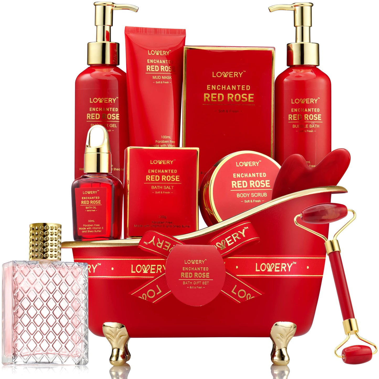 Anniversary Gifts for Women, Spa Gifts Bath and Body Gift Set, Red Rose Gift Basket Relaxation, Pampering, Thank You, Birthday Gifts for Mom Her with Perfume, Jade Roller, Quartz Gua Sha Stone & More
