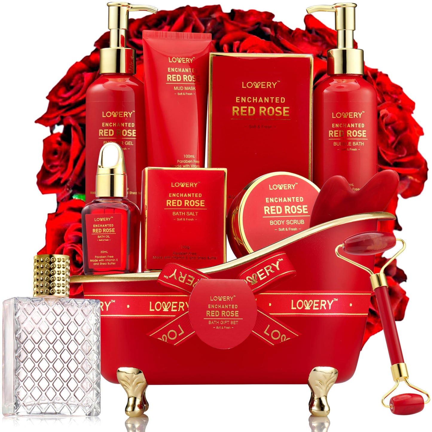 Anniversary Gifts for Women, Spa Gifts Bath and Body Gift Set, Red Rose Gift Basket Relaxation, Pampering, Thank You, Birthday Gifts for Mom Her with Perfume, Jade Roller, Quartz Gua Sha Stone & More